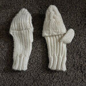 White knit mittens convert to fingerless gloves, white accent button